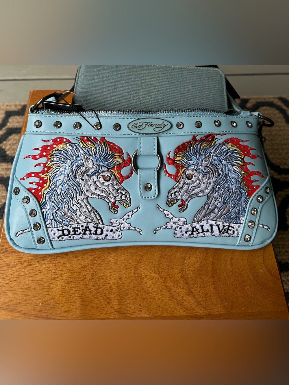 Ed Hardy  Dead & Alive' Horses Tattoo Graphic Rhinestones Crossbody Bag NWT